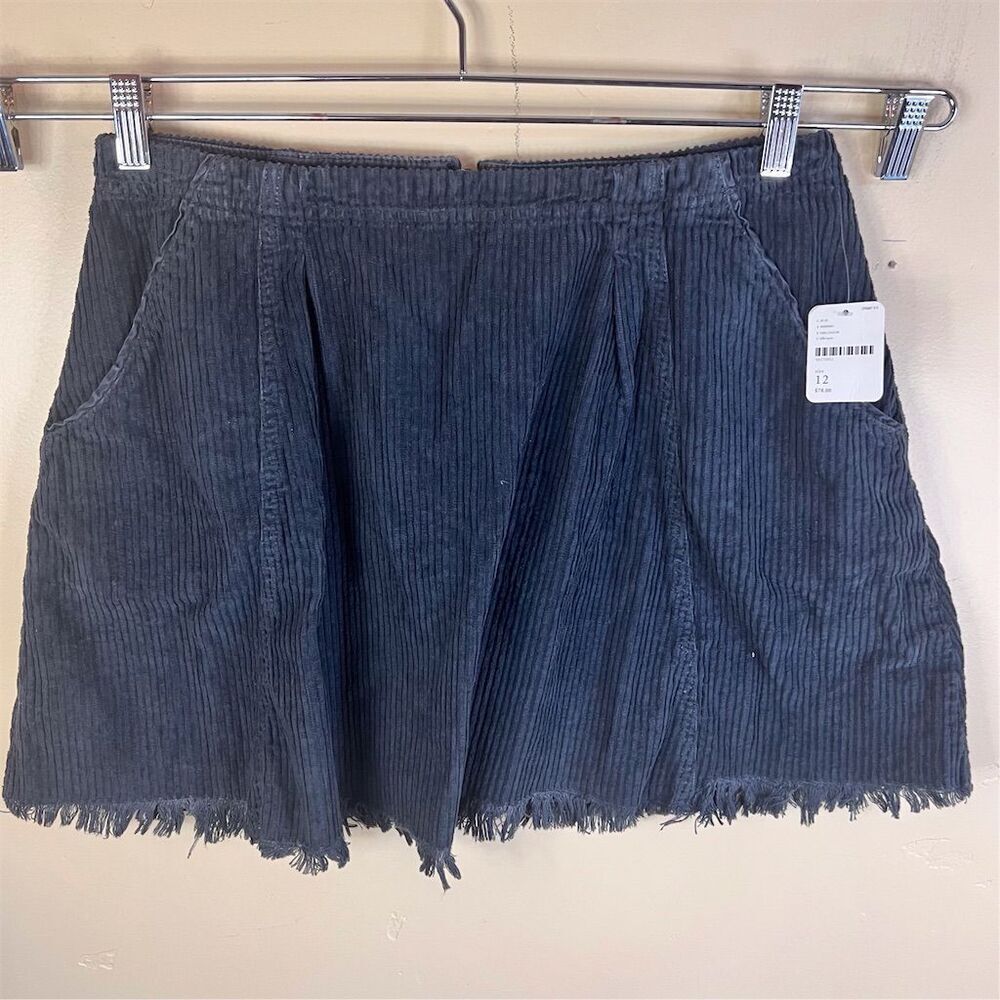 NWT Free People Corduroy Women's Size 12 Black A-Line Skirt Fringed Raw Hem Boho